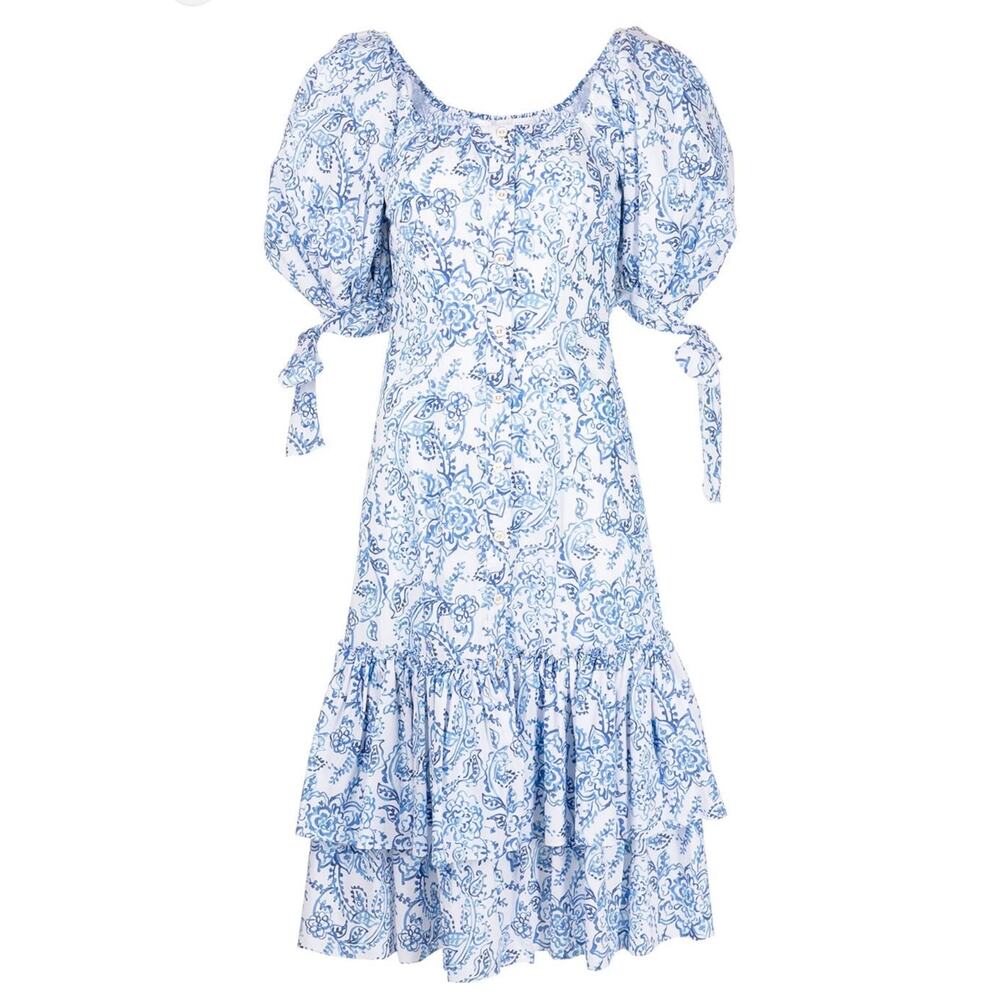 Caroline Constas Nella Blue Floral Puff Sleeve Mini Dress Square Neck Size S